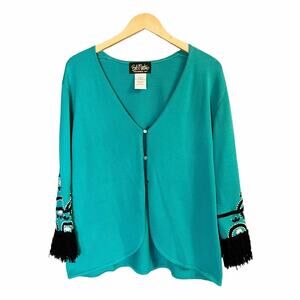 BOB MACKIE Wearable Art Open Cardigan Teal Green Long Sleeves Embroidered Fringe